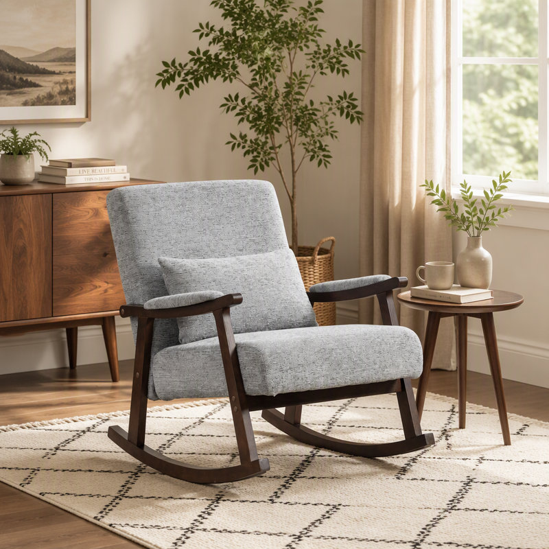 Fauteuil rembourré moderne, chaise berçante avec structure en bois massif, Chenille bleu antique