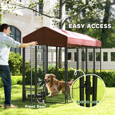 8' x 4' x 6' Dog Kennel Outside, Welded Wire Outdoor Dog Kennel Run with 360° Rotating Bowls, Waterproof & UV Resistant Cover, for S&M&L Breeds, Chickens, Ducks, Red