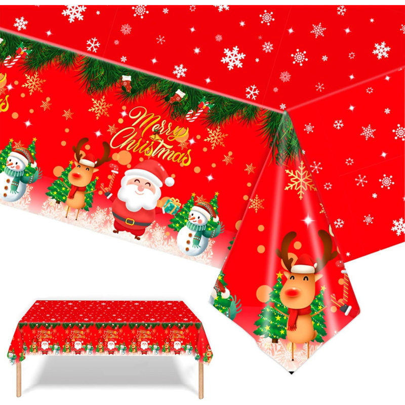 2PCS Large Red Xmas Tablecloth, 137 * 274cm Rectangle Plastic Table Cover for Christmas Party, Winter Holiday Decorations