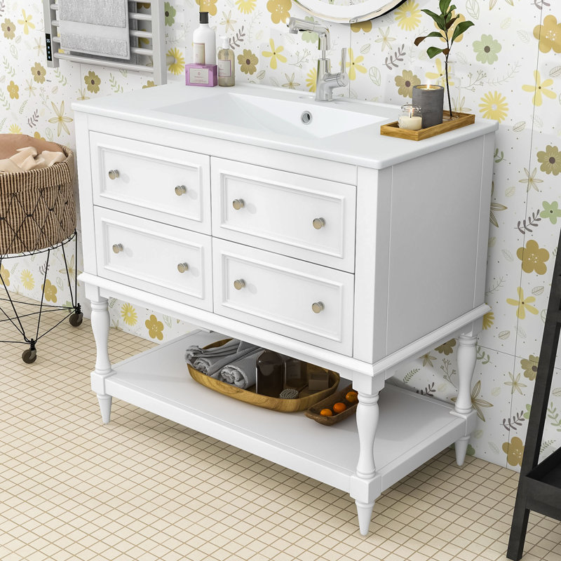 Armoire de meuble-lavabo simple en bois avec lavabo en céramique Elez Elizabeth, Blanc