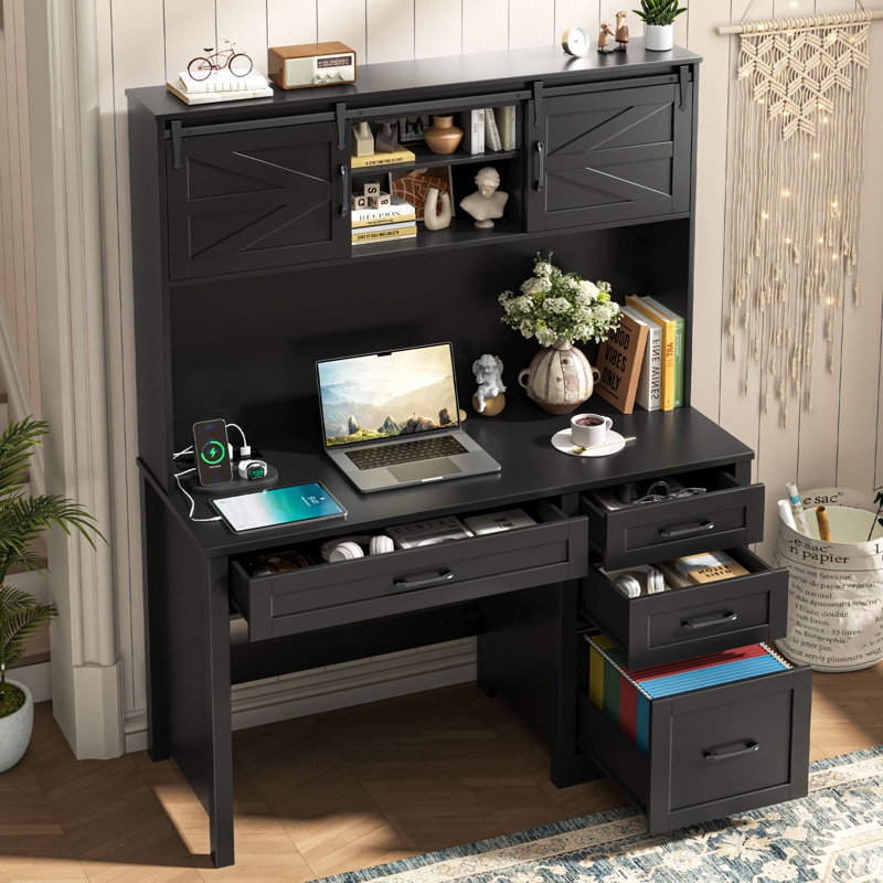 Farmhouse Executive Desk With Hutch & 4 Drawers, Black