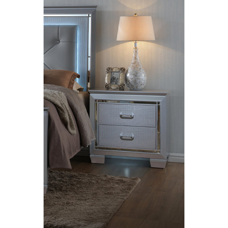 Table de chevet pour chambre à coucher, bois massif, deux tiroirs, finition crocodile argentée, table de chevet moderne intégrée en bois avec pièce décorative