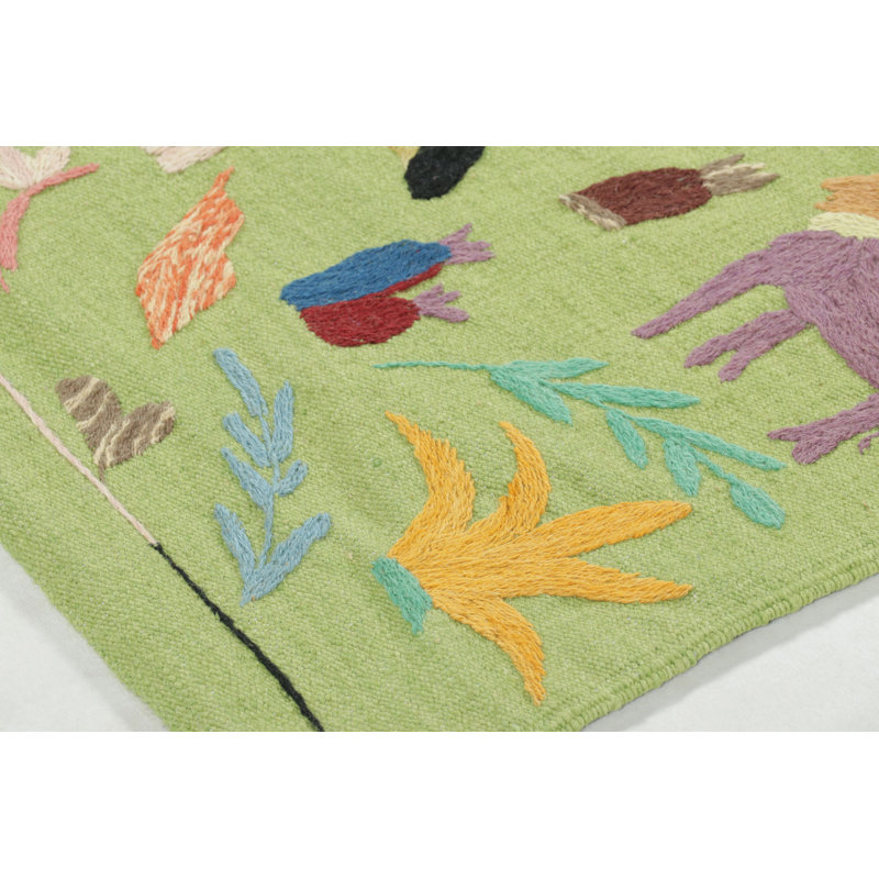 Rug & Kilim’S Suzani-Inspired Kilim Runner, Vibrant Animal Pictorials In Green