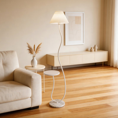 White Pleated Cream Style Floor Lamp With Marble Base And Side Table Iron Linen Shade For Living Room Bedroom