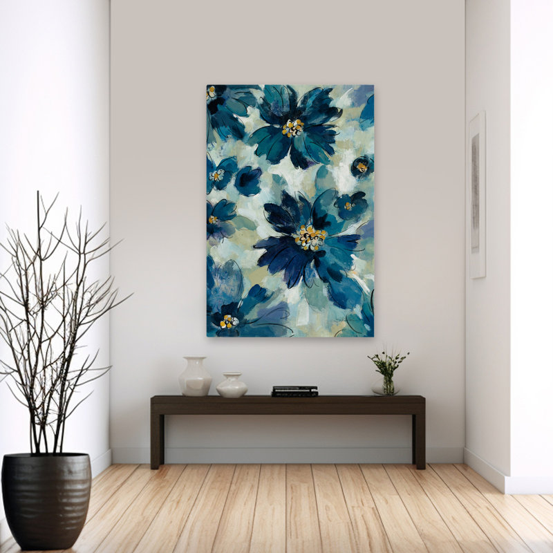 Encre florale I - floral beige abstrait bleu, H 60 po x l 40 po