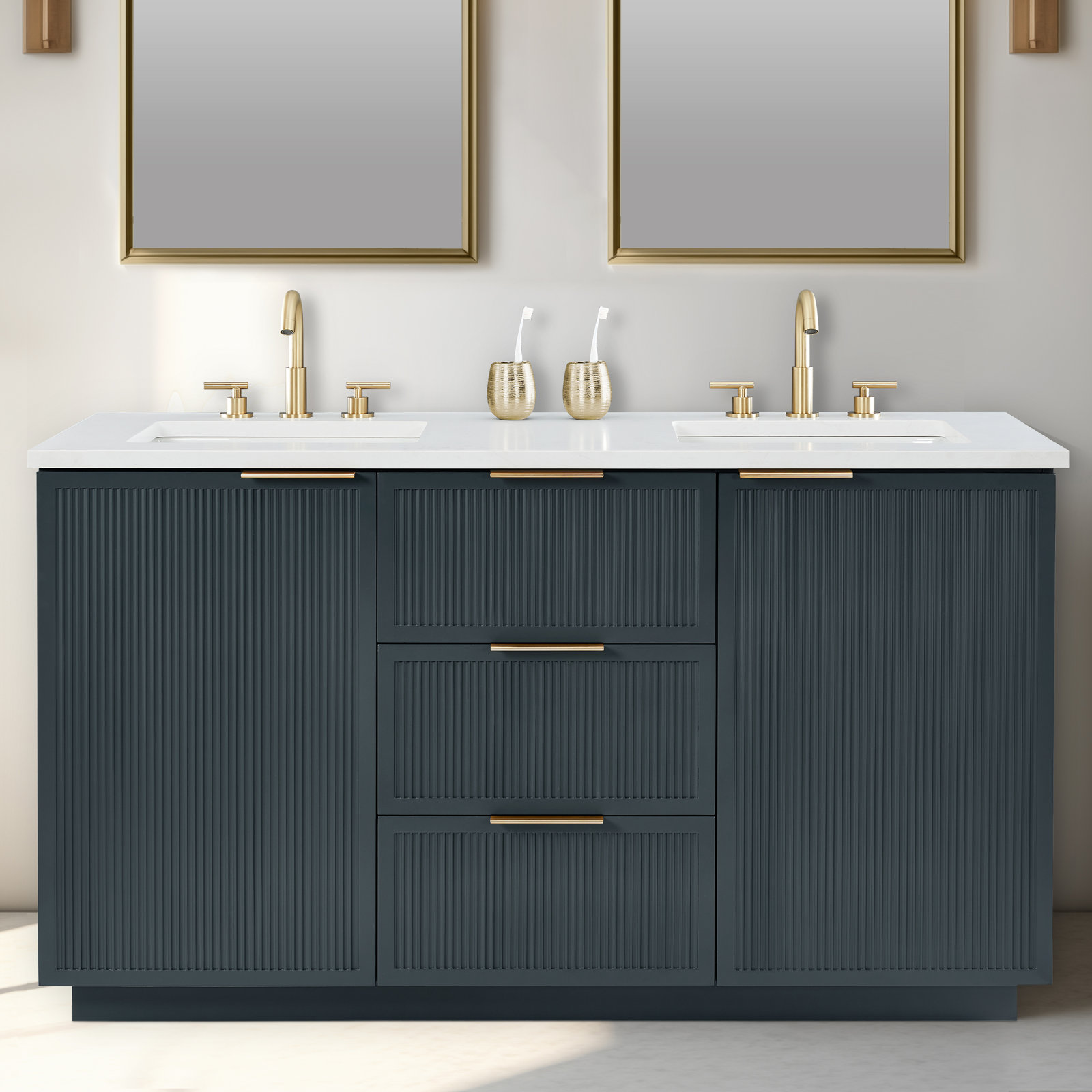 Aderyn 60" Pine Double Bathroom Vanity, Vintage Blue/Brushed Bronze