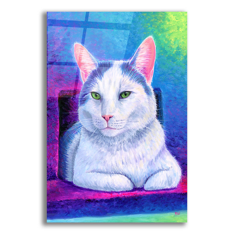 «Rainbow White Cat» par Rebecca Wang, art mural en verre acrylique, H 24 po x l 16 po x P 0,2 po