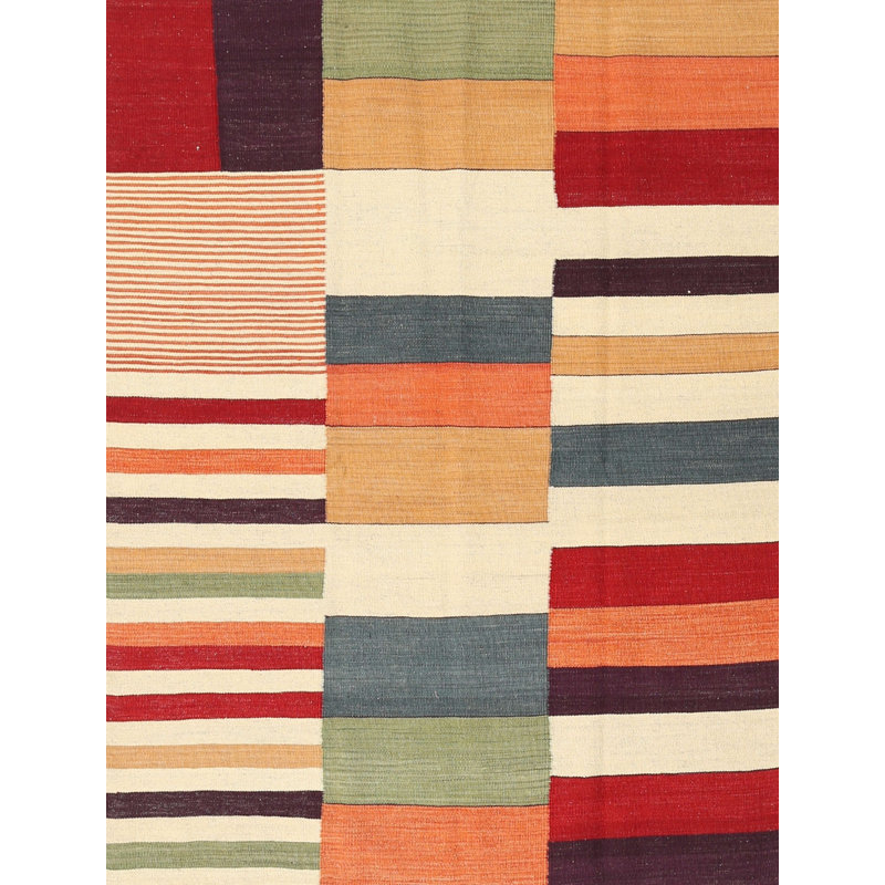 Tapis contemporain crème / rouge / gris, Rectangle 5 pi x 7 pi