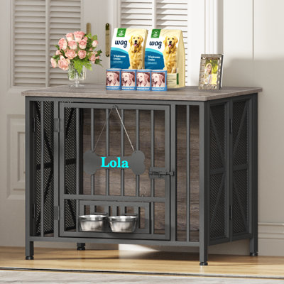 Large Foldable Dog Crate Furniture, Assembly-Free Dog Crate With Adjustable Bowls And Name Tag For Small, Medium, Large Dog