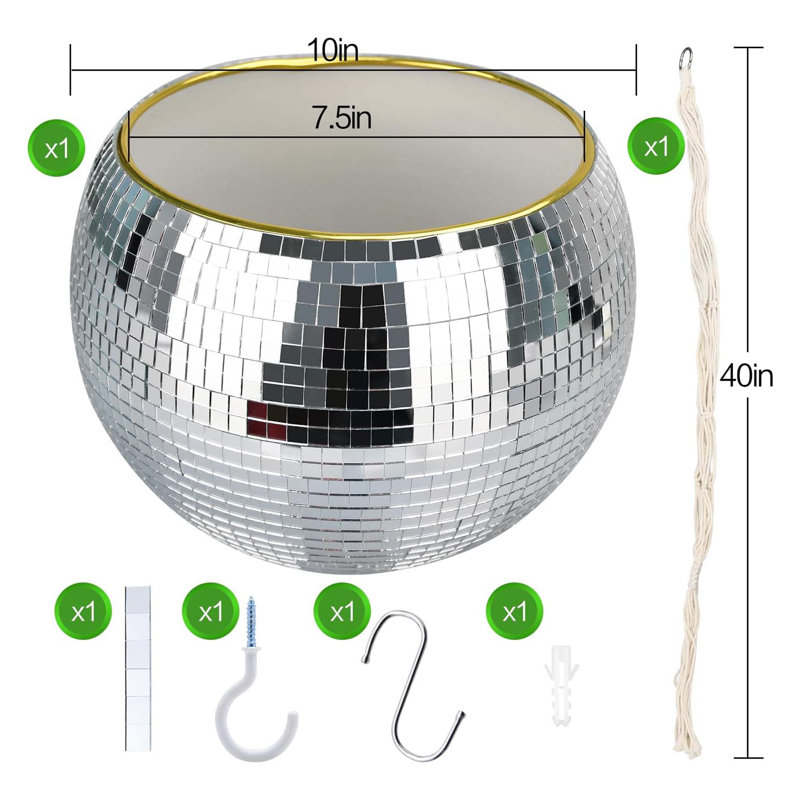 Disco Ball Planter, 10” Silver With Hanging Rope, Chain, Hook, And Mirror Pieces