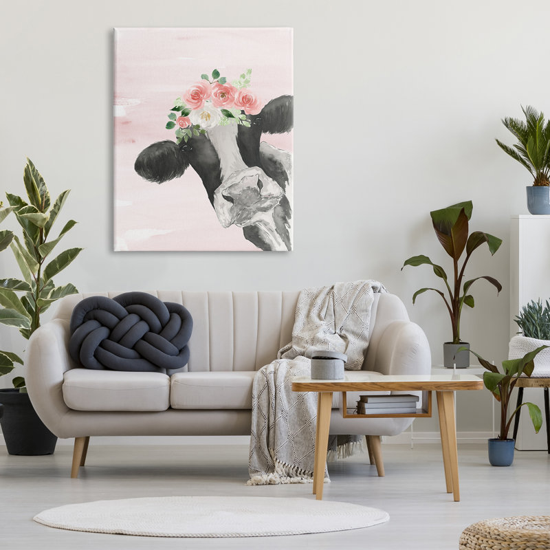 Vache laitière, aquarelle, portrait, couronne florale rose, impression, H 48 po x l 36 po x P 1,5 po, Toile tendue