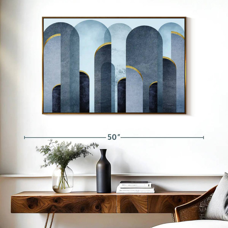 Arches bleu Mid-Century, Cadre flottant doré, 40 po x 27 po