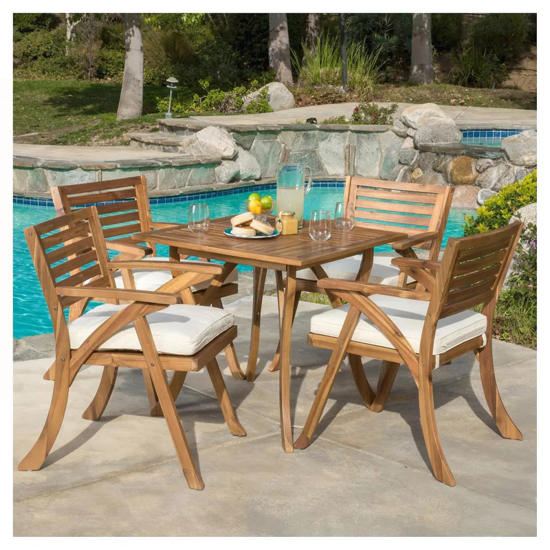 Ensemble repas d'extérieur en bois 5 pièces avec coussins, bois d'acacia durable et siège résistant à l'eau pour une utilisation toute l'année