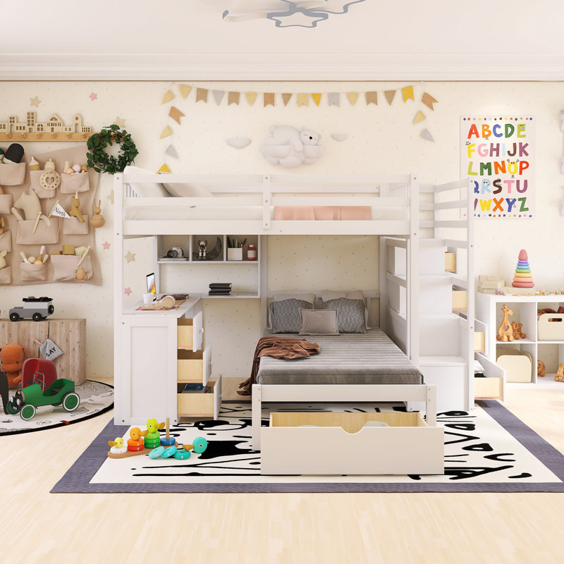 Lit superposé double au-dessus de simple avec cadre en bois avec bureau, tiroirs et tablettes, Blanc