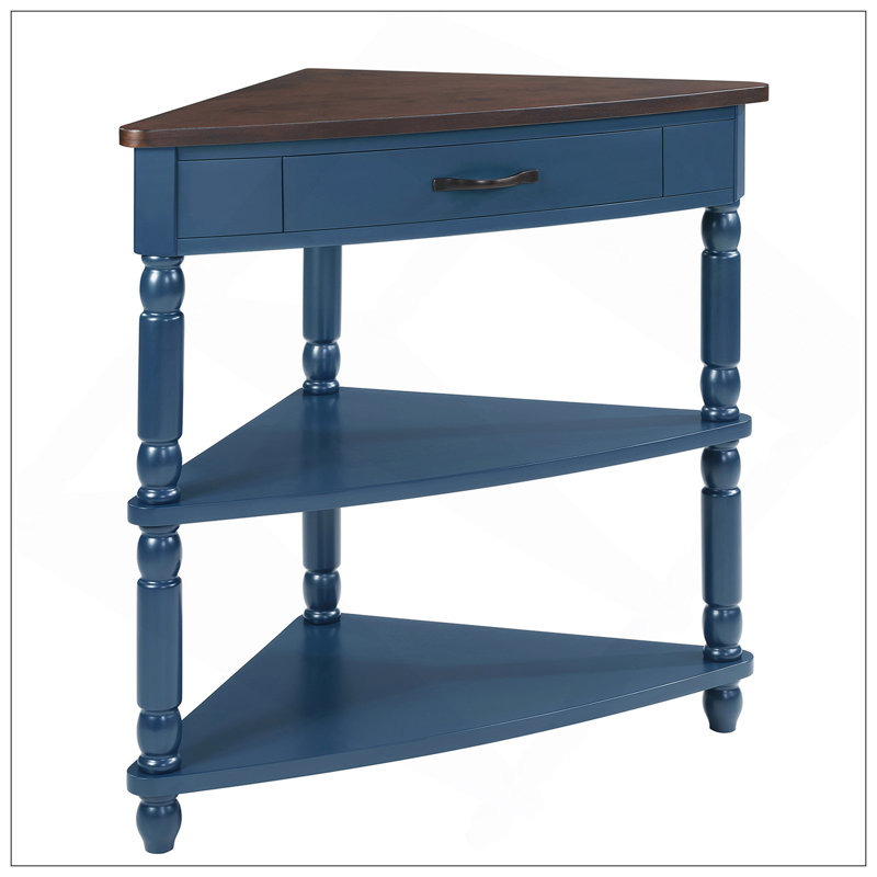 33.8'' Small Triangle Corner Table, Wood Corner Side Table For Small Spaces/ Living Room, 3 Tier End Corner Table With Solid Wood Legs, Navy Blue And Espresso Top