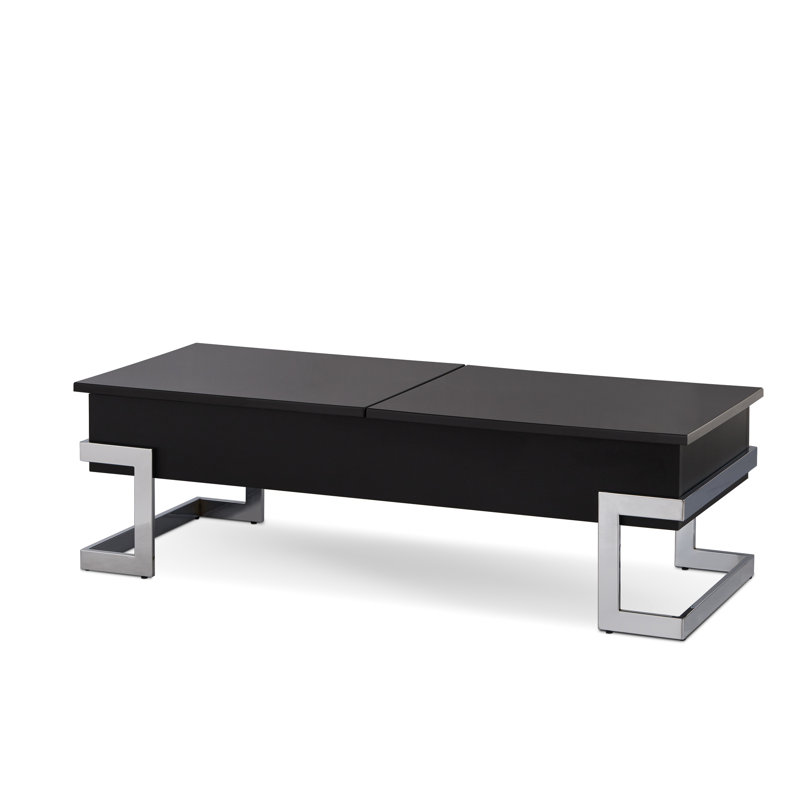 Élégante table basse noire ultra brillante avec fonction de levage et compartiments cachés
