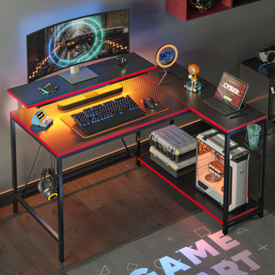 42" Reversible L-Shaped Gaming Desk LED Computer Desk With CPU Storage Monitor Stand & Headset Hooks