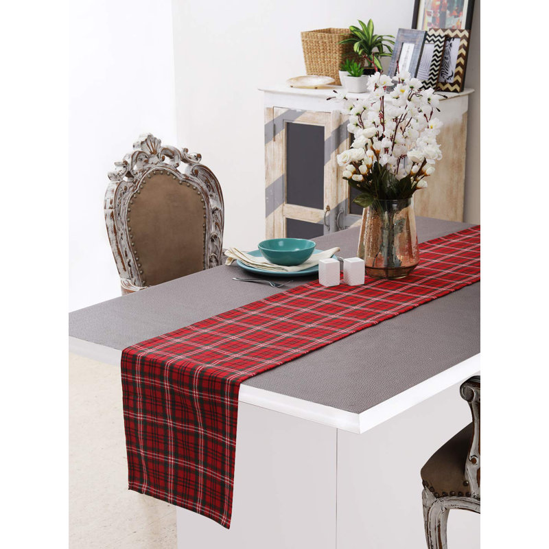 Chemin de table en coton (13 po x 108 po), 1 ourlet avec coin à onglets, carreaux rouges et verts - parfait