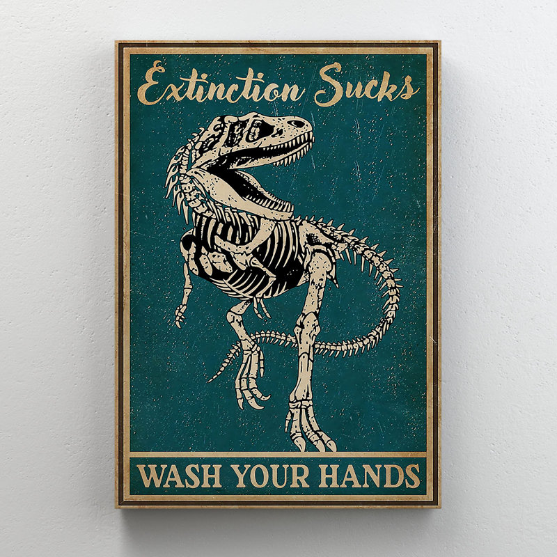 Squelette de dinosaure sur fond bleu - Extinction suce - 1 pièce, reproduction d'art graphique sur toile tendue