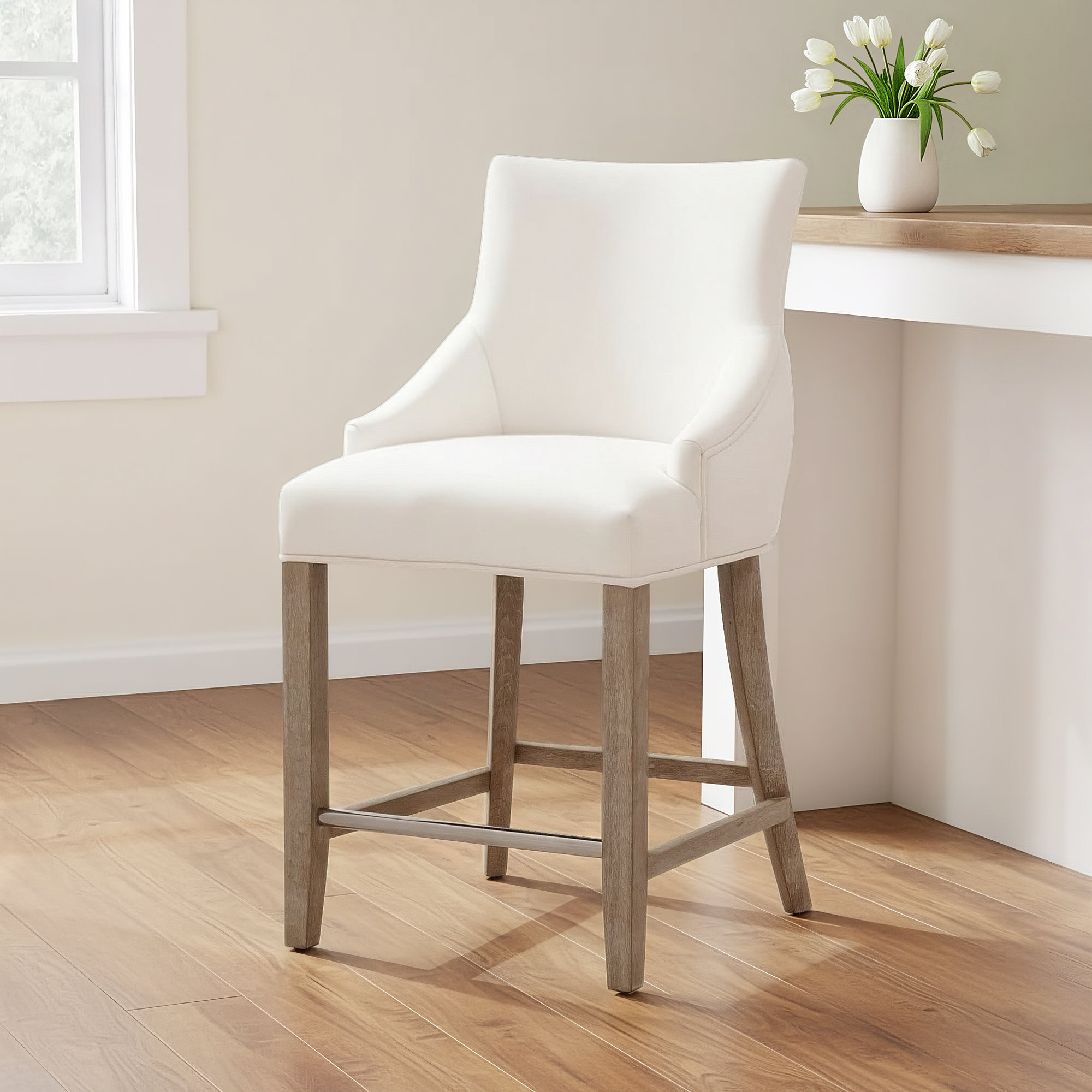 Tennyson Upholstered Stool, Counter Stool (26" Seat Height), White/Beige