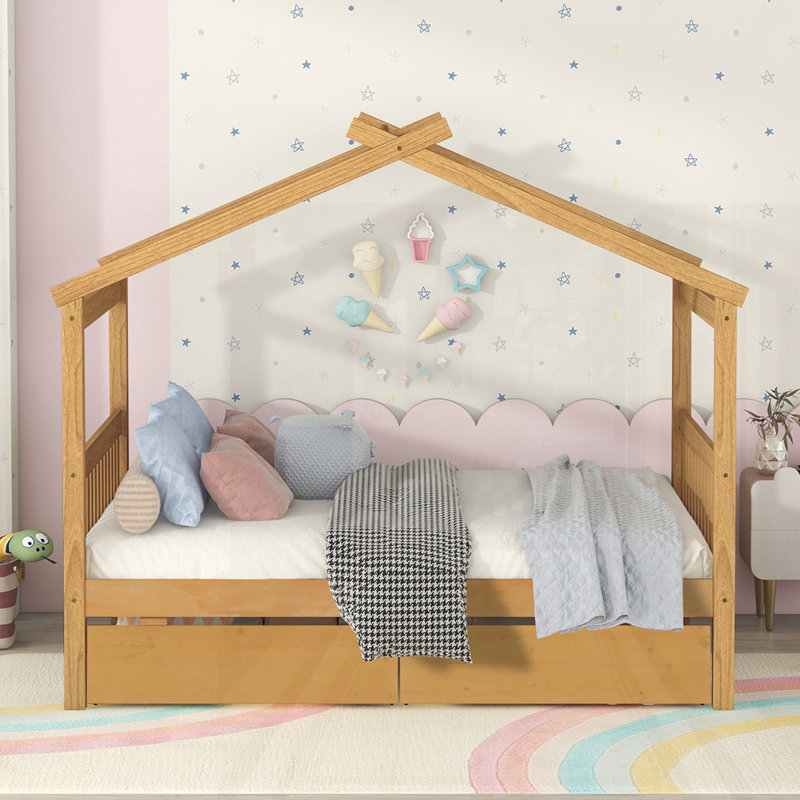 Wooden House Bed With Drawers, Full , Natural