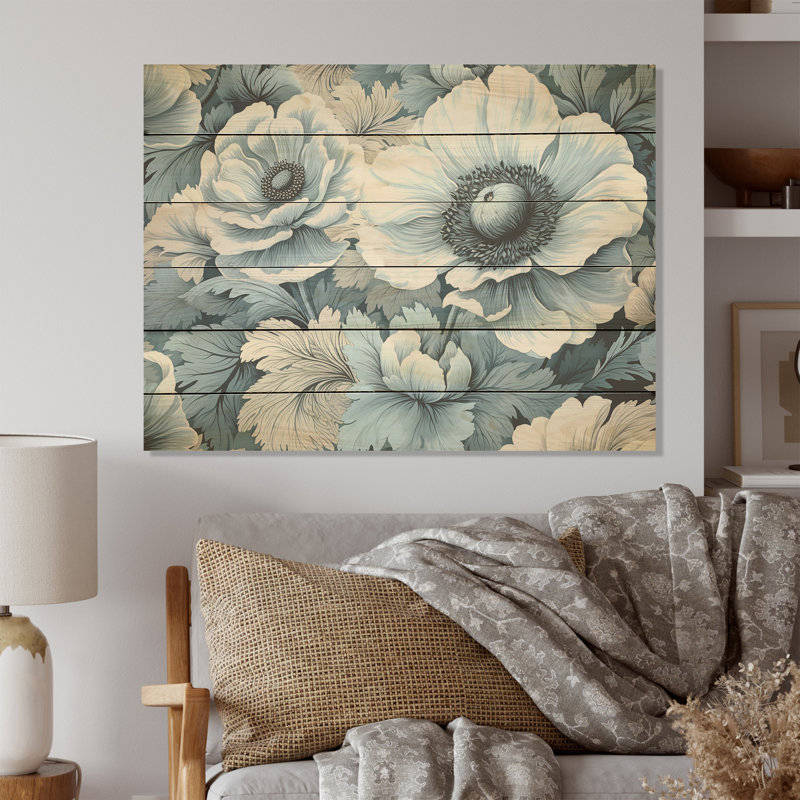 Euphoria bleu et gris coquelicots - Art mural en bois sur bois de pin naturel, H 10 po x l 20 po