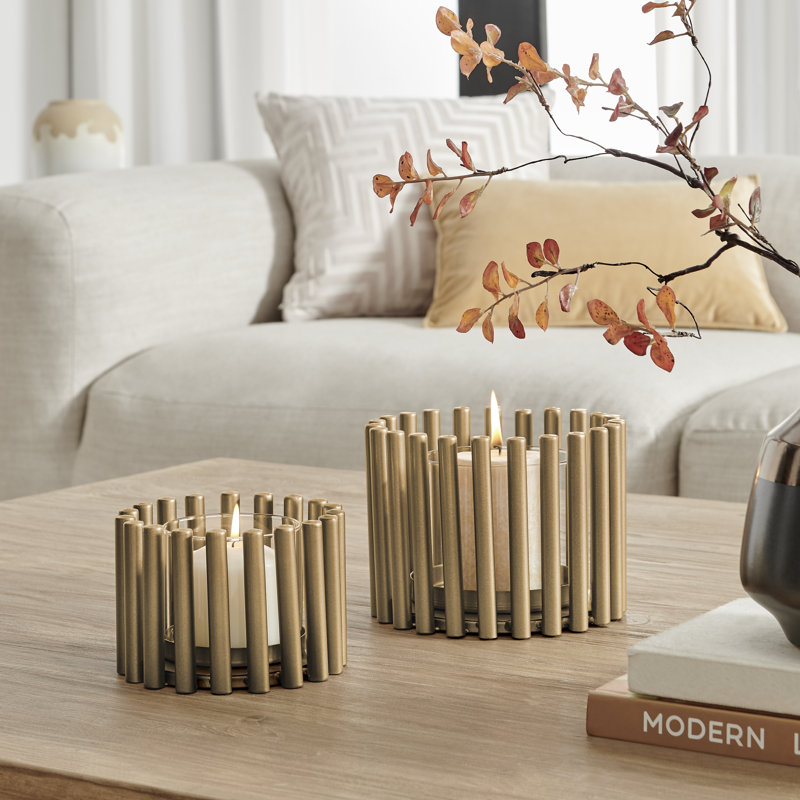 Pillar Ring Warm Gold Midcentury Modern Votive Hurricane Candle Holders - Set of 2