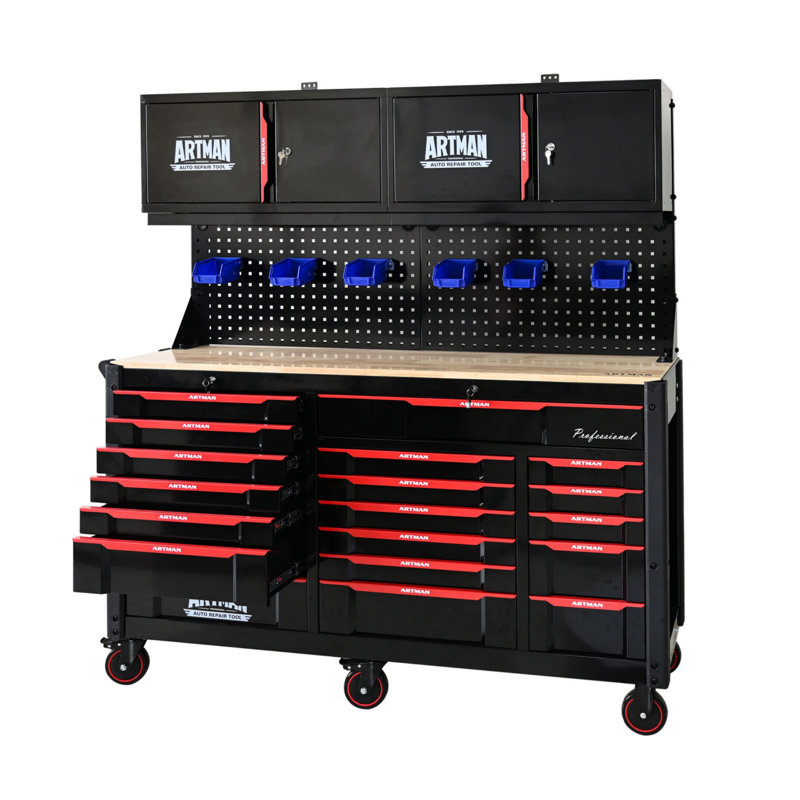 Chariot à outils robuste à réparation automatique avec 7 + 12 tiroirs (outils non inclus), armoire à outils de rangement mobile - noir et rouge