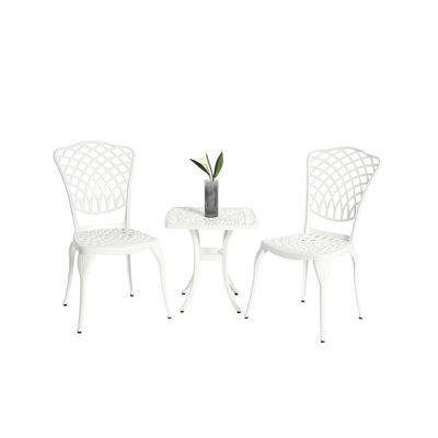Ensemble de 3 meubles de patio antirouille - fonte d'aluminium, 2 chaises et 1 table en blanc pour le porche, conception classique de balcon, processus d'assemblage pratique en aluminium, jardin rond, procédure simple