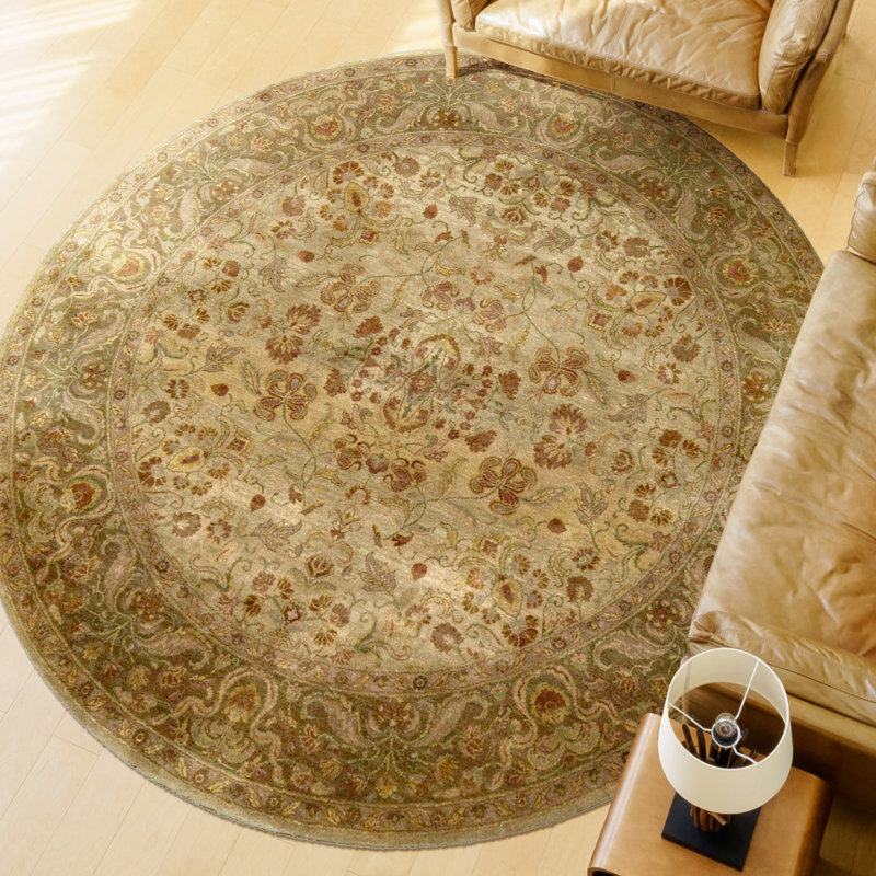 Hand-Knotted High-Quality Green and Brown Round Area Rug