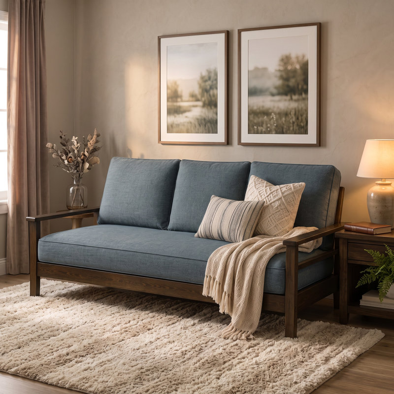 Lit de jour Pendleton à cadre en bois avec matelas et coussins de dossier, Lin turquoise