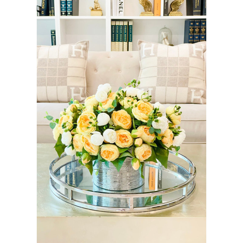 Modern Yellow/Orange Ombre & White Peony Stems – Artificial Silk Peonies For Home Décor