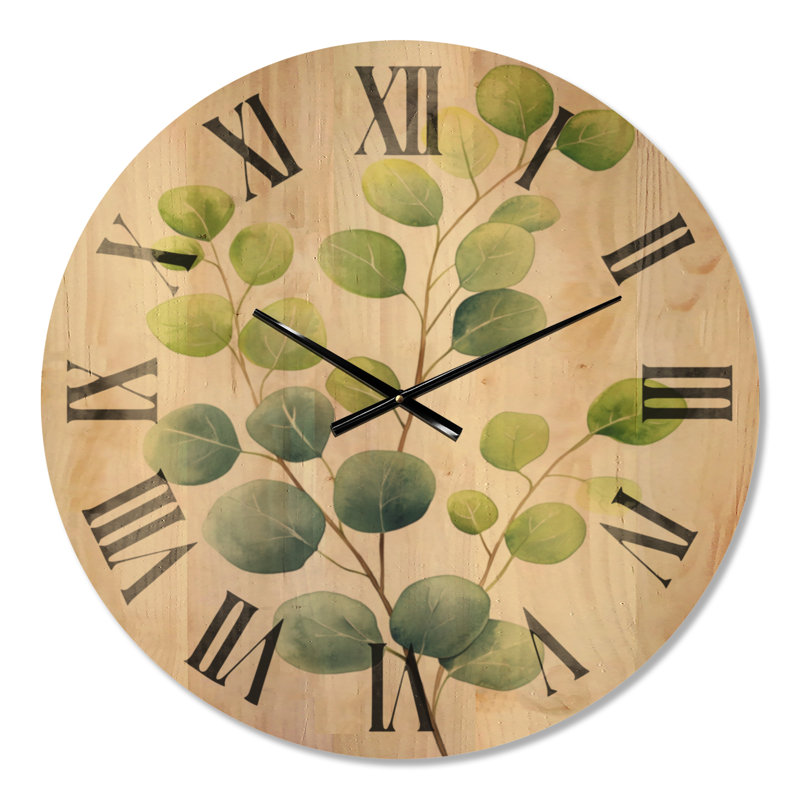 Horloge murale en bois vert - Branches d'eucalyptus aquarelle, Medium