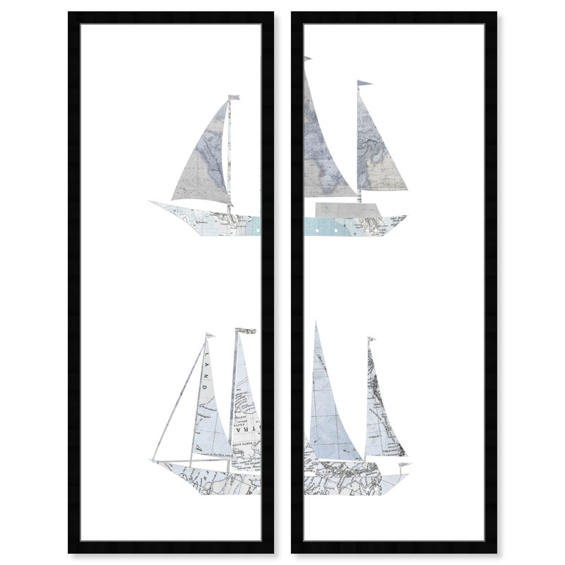 «Nautical and Coastal Sail Boat», impression d'art moderne sur papier blanc, Cadre noir