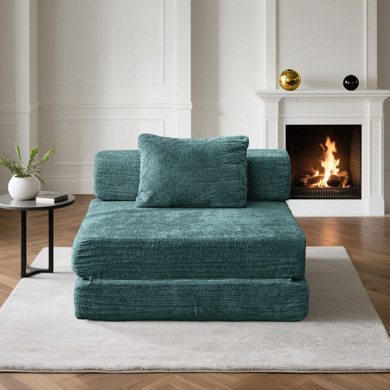Chaise-lit futon moderne pliable en chenille avec coussin, Vert foncé