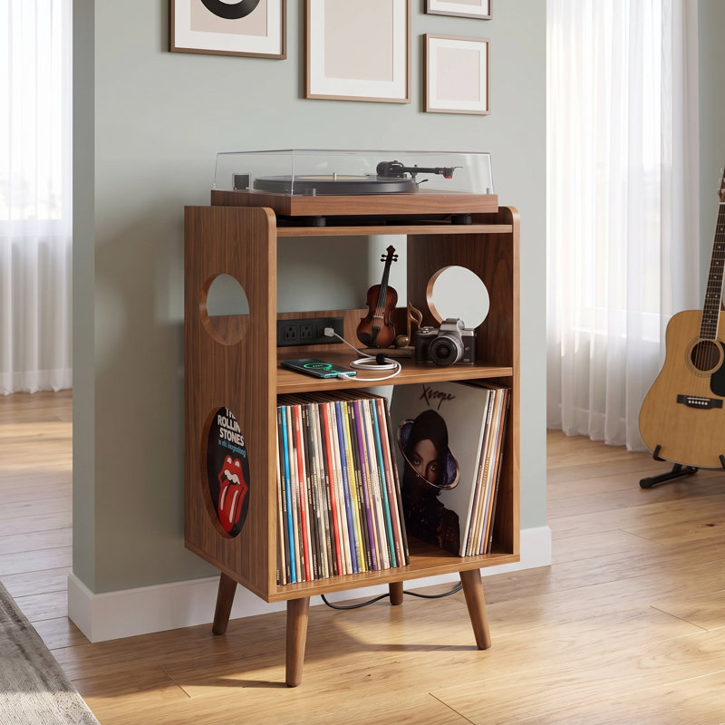 Support pour platine vinyle avec station de recharge et ports USB, rangement pour disques vinyles