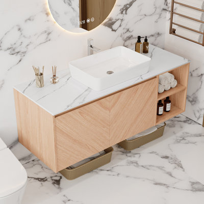 48" Floating Bathroom Vanity with Vessel Sink, Wall-Mounted Bathroom Vanity with Storage Cabinet & Open Shelf, Wood Bathroom Vanity with Countertop, Single Sink Bathroom Vanity for Modern Bathroom