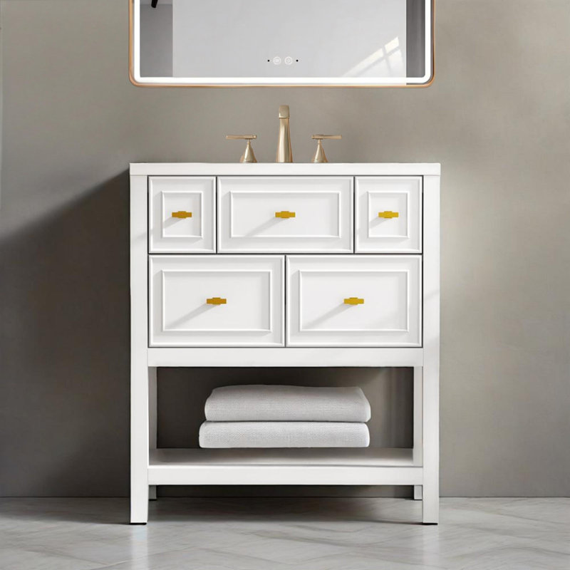 Ensemble de meuble-lavabo 30 po avec évier en céramique, 5 tiroirs, structure en bois massif , Blanc