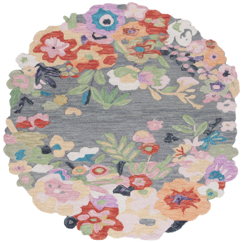 Floral rug wool/cotton hand tufted Garden in Gray/Pink, Round 6'