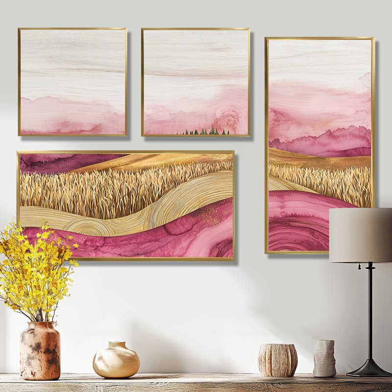 «Farm Charm Meadow with Lavender Ink Field Landscape I», art mural 4 pièces, Impression encadrée sans passe-partout, Doré