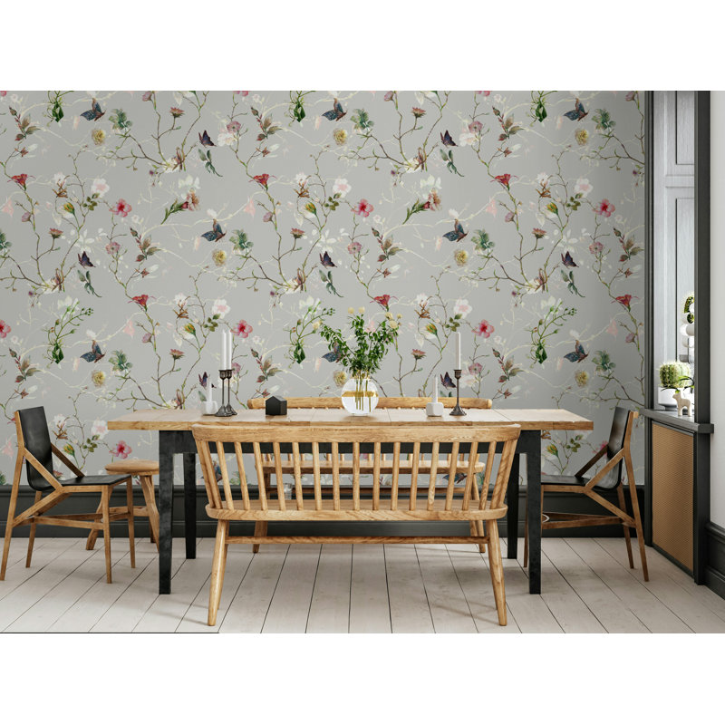 Soft Floral Butterfly Vine Wallpaper in Gray, 75"L x 112"W