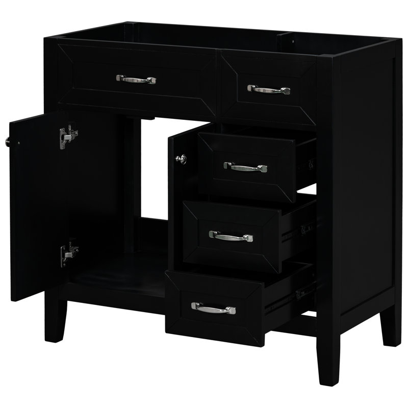 Base de meuble-lavabo 36 po. Élégant noir avec tiroirs. Bois d'hévéa massif et meubles en teinture. Base d'armoire nécessaire seulement. Autoportant fait pour et pour la salle de bain. Facile à nettoyer.