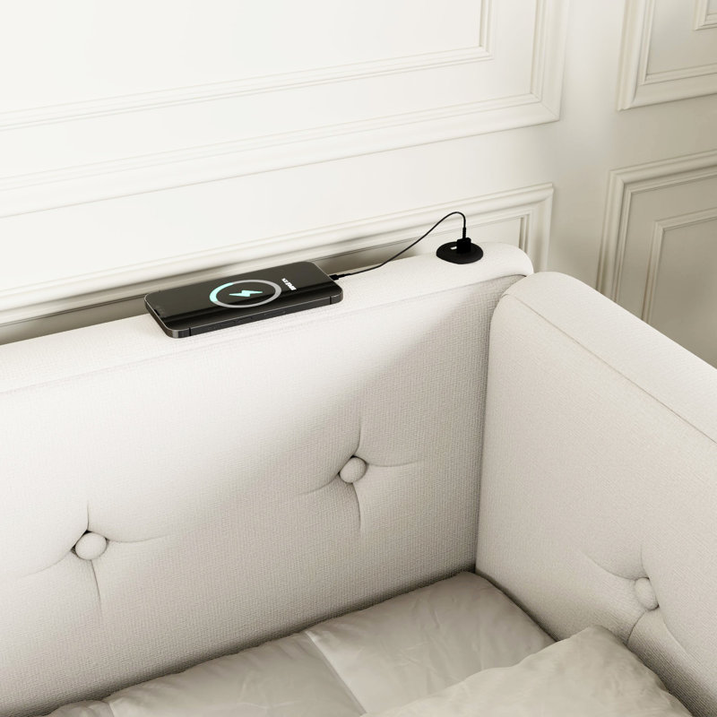 Grand lit tapissier beige avec apparence élégante et design de construction, Beige, Grand lit