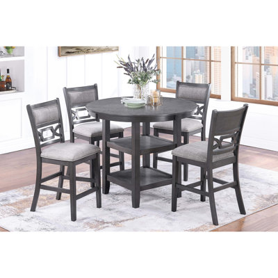Gray Round Counter Height Table And 4 High Chairs, Contemporary Style, Cushion Padded Seats, Storage Shelves Under Chairs Dining , Modern Upholstered