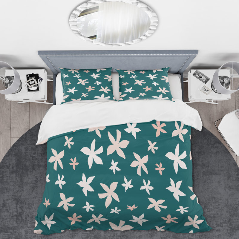 Fleurs roses et blanches rétro sur fond vert - ensemble de housse de couette traditionnel - microfibre de polyester