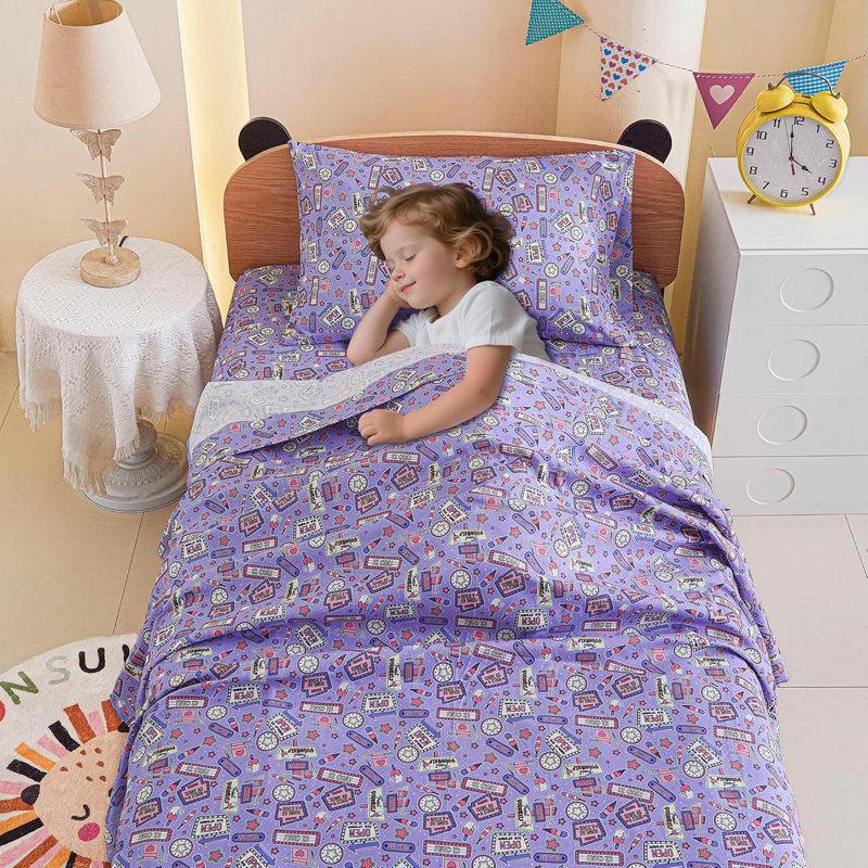Ensemble de draps pour enfants, ensemble de draps 3 pièces, drap-housse en microfibre avec poche profonde de 15 pouces et sangles de coin, imprimé Cool Girl