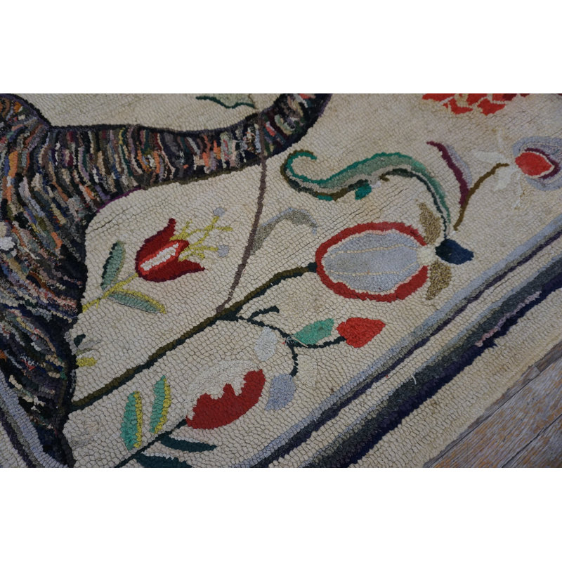 Ivory Artistic Antique Folk Art Tree Of Life Design American Hooked Rug