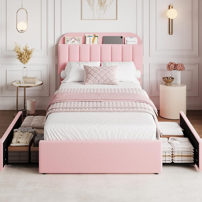 Cadre de lit avec 2 tiroirs de rangement, cadre de lit pour enfant avec tête de lit de rangement, cadre de lit rembourré