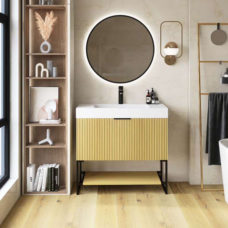 Meuble-lavabo autoportant en contreplaqué rayé pré-assemblé avec lavabo, tiroir et tablette ouverte, Doré, 36"
