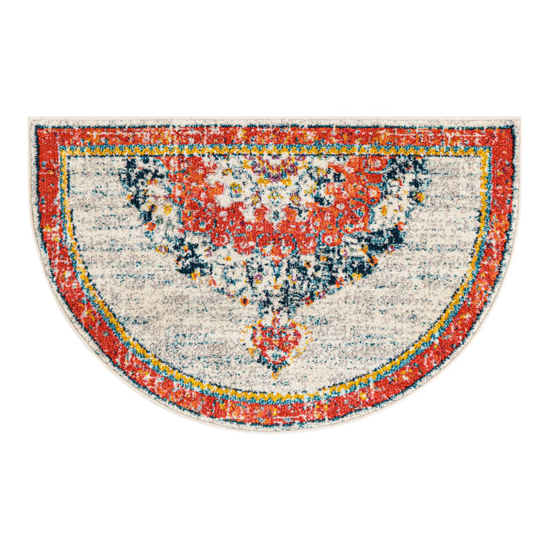 Tapis abstrait ivoire / orange Galyean, Demi-cercle 2 pi 7 po x 4 pi 1 po